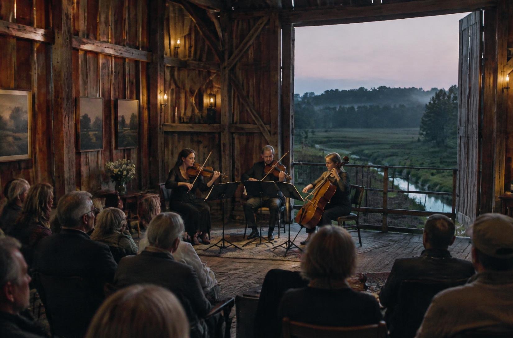 A string trio performs for neighbors in a timber barn at dusk, with a creek and fields beyond the open doors